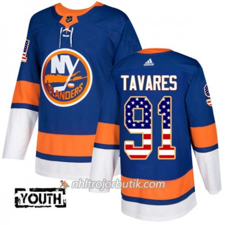 Barn Ishockey New York Islanders Tröja John Tavares 91 Adidas 2017-2018 Blå USA Flag Fashion Authentic